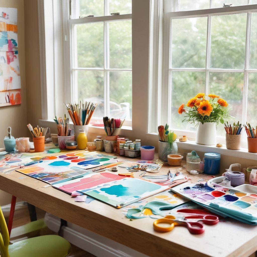 A bright, inviting workspace filled with colorful DIY supplies such as paint, brushes, scissors, and paper. Showcase hands engaged in a creative project, with cheerful expressions and vibrant materials spread across a table. Incorporate natural light streaming in through a window, illuminating the joyful atmosphere. Add playful artwork hanging on the walls to amplify creativity. vibrant colors. super-realistic.