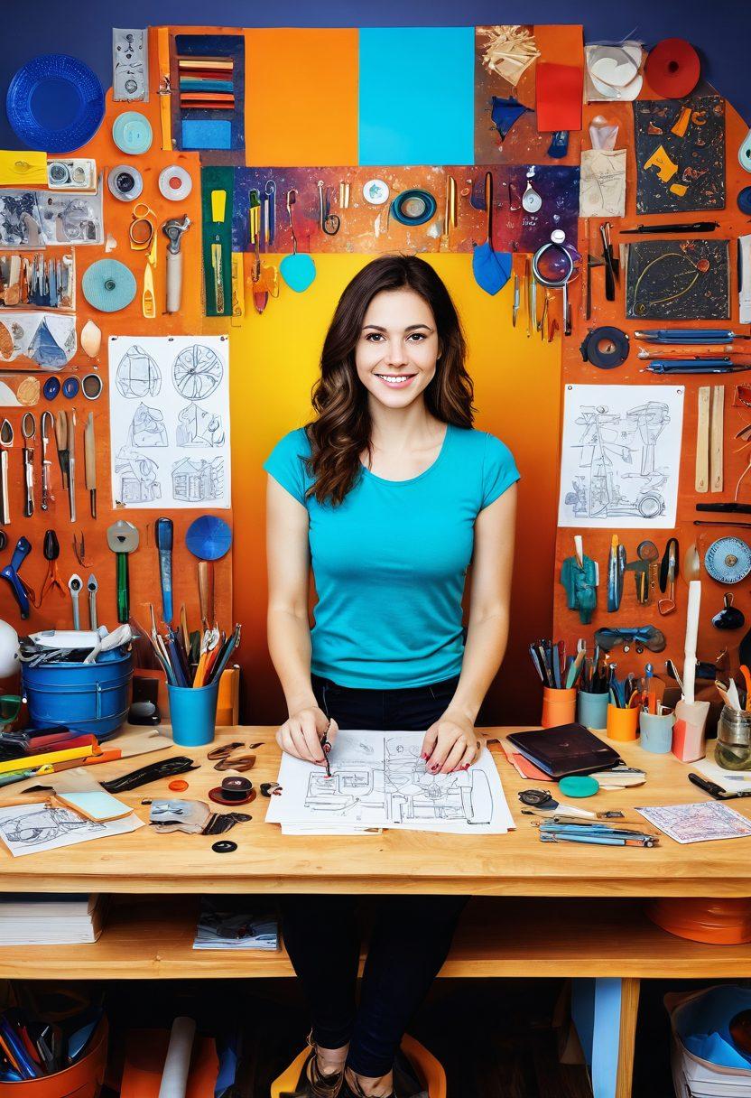 A colorful workspace filled with tools and materials for various DIY projects, showcasing a creative atmosphere. Include a person joyfully engaged in a craft, with bright, imaginative inventions scattered around. The background should be filled with sketches and blueprints to symbolize the journey from imagination to reality. Capture the essence of empowerment and creativity. vibrant colors. artistic style.