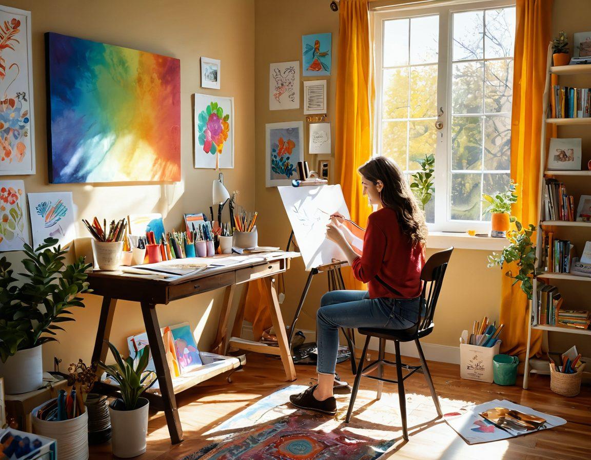 A vibrant workspace filled with colorful art supplies, a cozy reading nook with sunlight streaming in, and a person joyfully painting on a canvas. In the background, a wall adorned with creative ideas and sketches. The scene should convey warmth, inspiration, and a sense of productive leisure. super-realistic. bright colors. cozy atmosphere.